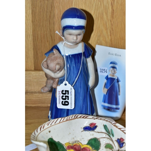 559 - A ROYAL COPENHAGEN FIGURE, 'Elsa', young girl holding teddy, No 671, height 17cm with leaflet, toget... 