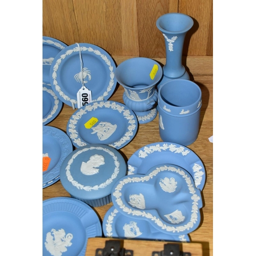 560 - WEDGWOOD BLUE JASPERWARE TRINKETS AND VASES, etc, to include a set of twelve dishes from Zodiac sign... 