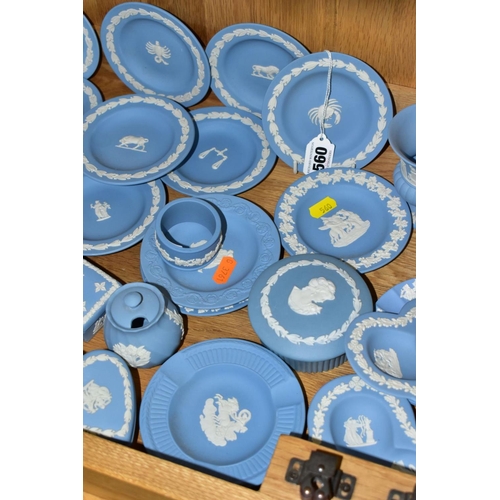 560 - WEDGWOOD BLUE JASPERWARE TRINKETS AND VASES, etc, to include a set of twelve dishes from Zodiac sign... 