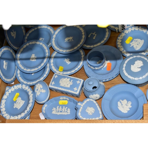 560 - WEDGWOOD BLUE JASPERWARE TRINKETS AND VASES, etc, to include a set of twelve dishes from Zodiac sign... 