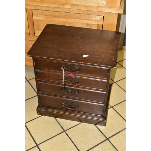 561 - A SMALL EDWARDIAN WALNUT STAINED CHEST OF FOUR DRAWERS CONTAINING NEEDLEWORK EQUIPMENT, etc, includi... 