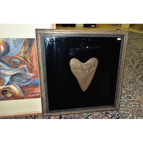 564 - A BRONZED WALL ART SCULPTURE OF A MEGALODON FOSSIL SHARK TOOTH, indistinctly signed bottom right, si... 