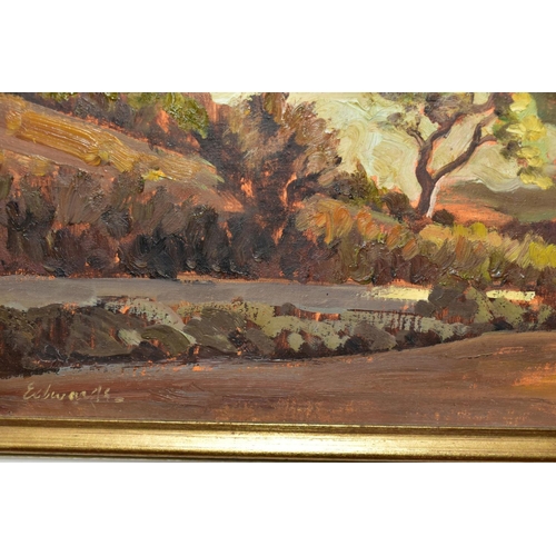 565 - EDWARDS (20TH CENTURY) a rural landscape, signed bottom left, oil on canvas laid on board, framed, a... 