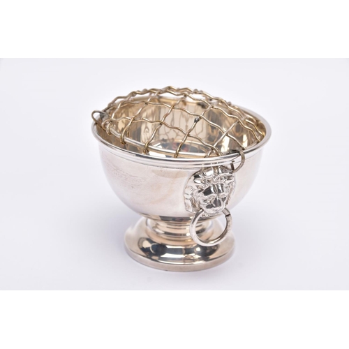 57 - A SILVER ROSE BOWL, plain polished design, double lion head ring handles, on a circular base, hallma... 