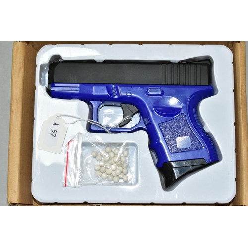 570 - A BOXED G26 AIRSOFT GUN, blue, manufactured in China, with a small quantity of balls (PURCHASER MUST... 