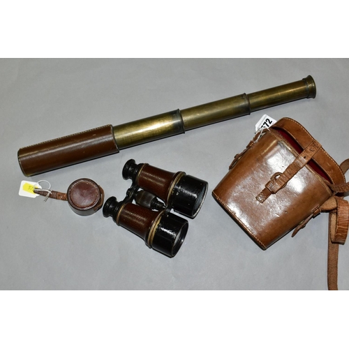 572 - A BRITANNIC B.C & CO BRASS AND LEATHER THREE DRAWER 15 X TELESCOPE, with one lens cap, closed length... 