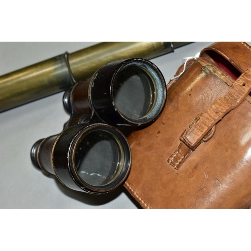 572 - A BRITANNIC B.C & CO BRASS AND LEATHER THREE DRAWER 15 X TELESCOPE, with one lens cap, closed length... 