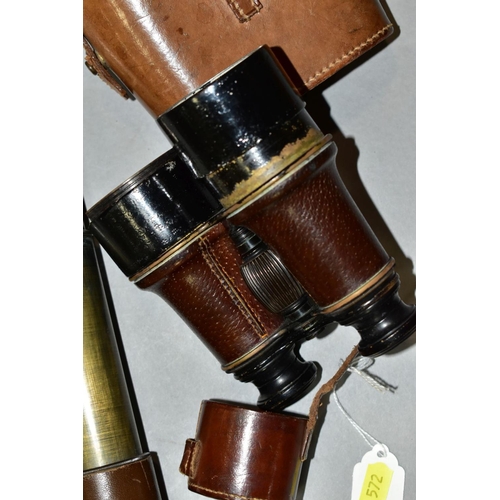 572 - A BRITANNIC B.C & CO BRASS AND LEATHER THREE DRAWER 15 X TELESCOPE, with one lens cap, closed length... 