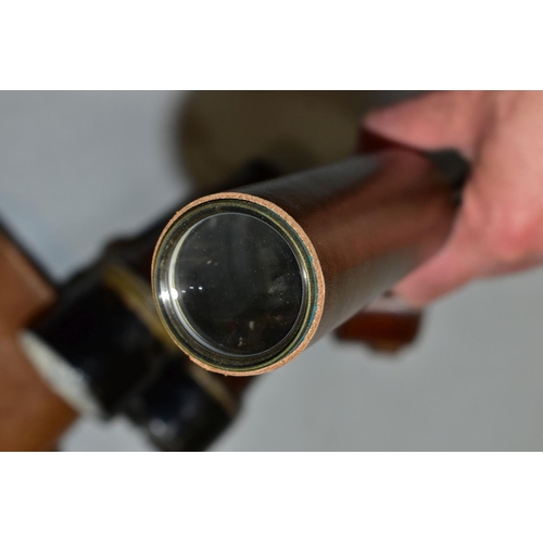 572 - A BRITANNIC B.C & CO BRASS AND LEATHER THREE DRAWER 15 X TELESCOPE, with one lens cap, closed length... 