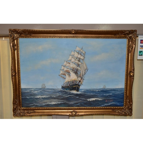 574 - A. FULTON (20TH CENTURY) a three mast square rigged ship under full sail in open seas, signed bottom... 