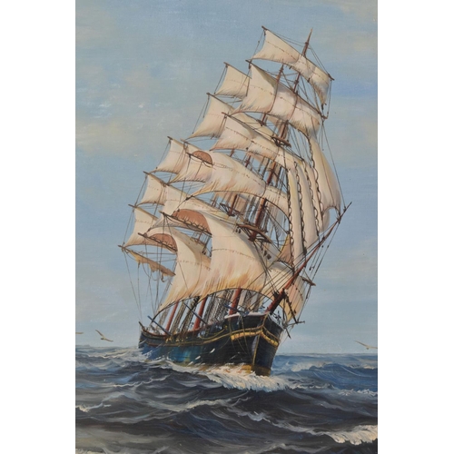 574 - A. FULTON (20TH CENTURY) a three mast square rigged ship under full sail in open seas, signed bottom... 