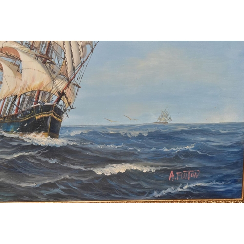 574 - A. FULTON (20TH CENTURY) a three mast square rigged ship under full sail in open seas, signed bottom... 