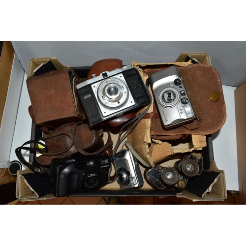 579 - A BOX OF CAMERAS AND BINOCULARS, to include a Rolleicord Compur camera in leather case, an Ensign Fu... 