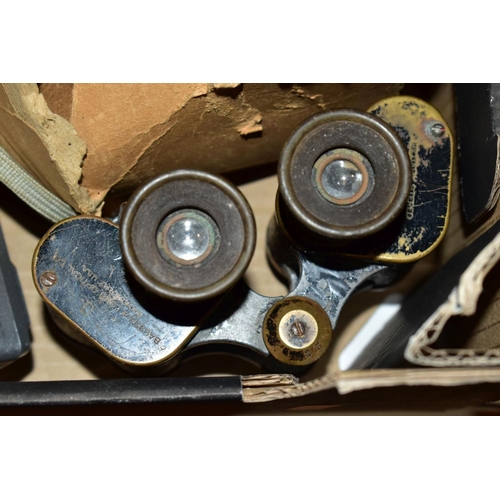 579 - A BOX OF CAMERAS AND BINOCULARS, to include a Rolleicord Compur camera in leather case, an Ensign Fu... 