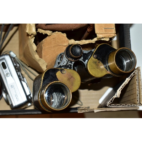 579 - A BOX OF CAMERAS AND BINOCULARS, to include a Rolleicord Compur camera in leather case, an Ensign Fu... 