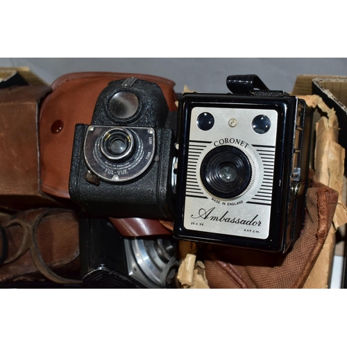 579 - A BOX OF CAMERAS AND BINOCULARS, to include a Rolleicord Compur camera in leather case, an Ensign Fu... 