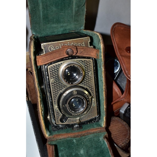 579 - A BOX OF CAMERAS AND BINOCULARS, to include a Rolleicord Compur camera in leather case, an Ensign Fu... 