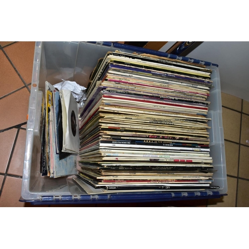 583 - A PLASTIC BOX CONTAINING OVER ONE HUNDRED LPs, 12IN AND 7IN SINGLES including Rubber Soul (poor), Wi... 