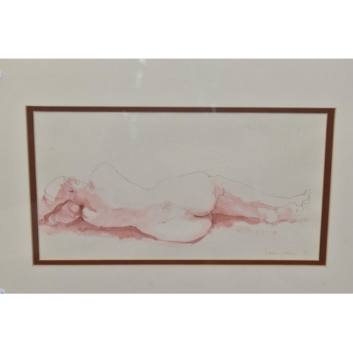 584 - MAUREEN JORDAN (20TH C) A FEMALE NUDE IN REPOSE, signed and dated (19)75, red ink on paper, mounted,... 