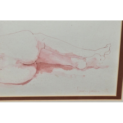 584 - MAUREEN JORDAN (20TH C) A FEMALE NUDE IN REPOSE, signed and dated (19)75, red ink on paper, mounted,... 