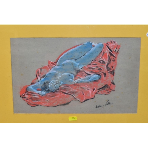 584 - MAUREEN JORDAN (20TH C) A FEMALE NUDE IN REPOSE, signed and dated (19)75, red ink on paper, mounted,... 