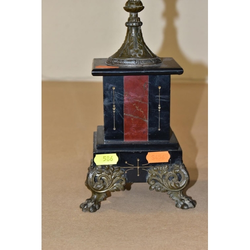 586 - A LATE 19TH CENTURY BLACK SLATE, MARBLE AND BRONZED CLOCK GARNITURE, the clock with figural surmount... 