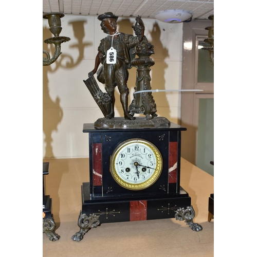 586 - A LATE 19TH CENTURY BLACK SLATE, MARBLE AND BRONZED CLOCK GARNITURE, the clock with figural surmount... 