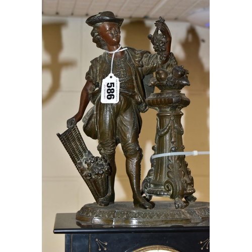 586 - A LATE 19TH CENTURY BLACK SLATE, MARBLE AND BRONZED CLOCK GARNITURE, the clock with figural surmount... 