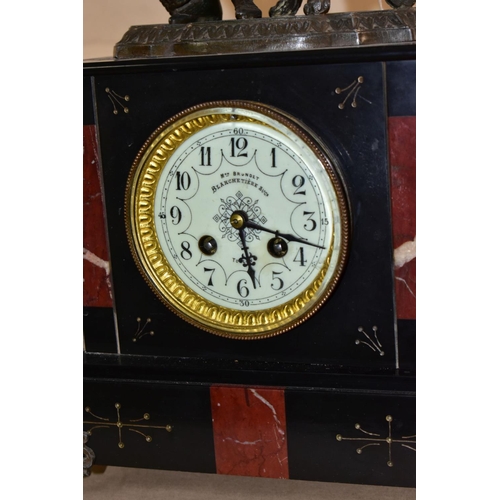 586 - A LATE 19TH CENTURY BLACK SLATE, MARBLE AND BRONZED CLOCK GARNITURE, the clock with figural surmount... 