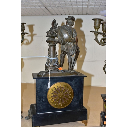 586 - A LATE 19TH CENTURY BLACK SLATE, MARBLE AND BRONZED CLOCK GARNITURE, the clock with figural surmount... 