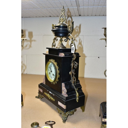 587 - A LATE 19TH CENTURY BLACK SLATE, MARBLE AND GILT METAL CLOCK GARNITURE, the clock with urn shaped su... 