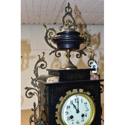 587 - A LATE 19TH CENTURY BLACK SLATE, MARBLE AND GILT METAL CLOCK GARNITURE, the clock with urn shaped su... 