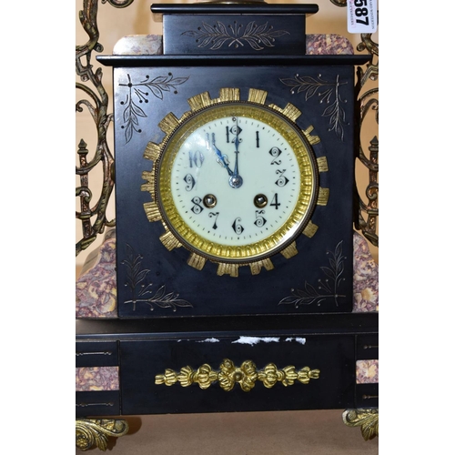 587 - A LATE 19TH CENTURY BLACK SLATE, MARBLE AND GILT METAL CLOCK GARNITURE, the clock with urn shaped su... 