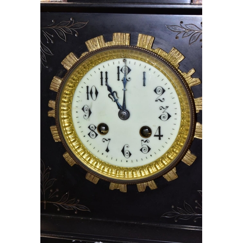 587 - A LATE 19TH CENTURY BLACK SLATE, MARBLE AND GILT METAL CLOCK GARNITURE, the clock with urn shaped su... 