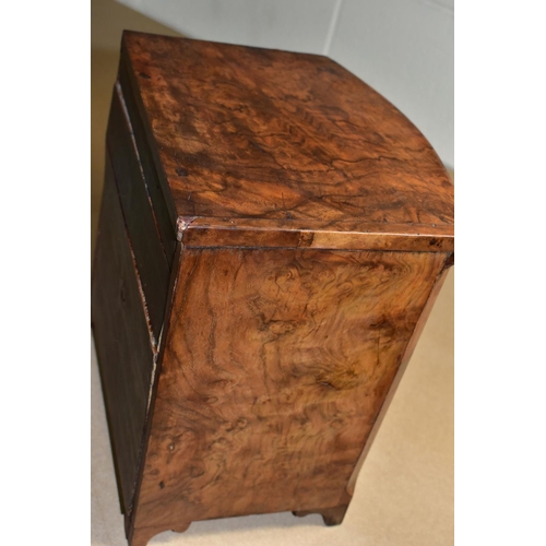 588 - A VICTORIAN BURR WALNUT VENEERED MINIATURE BOW FRONT CHEST OF THREE DRAWERS, turned wooden handles, ... 