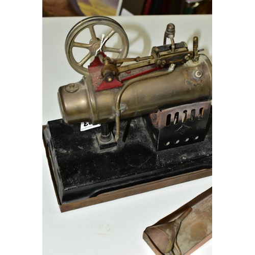 593 - A BING HORIZONTAL LIVE STEAM ENGINE, not tested, horizontal boiler powering a flywheel (diameter app... 