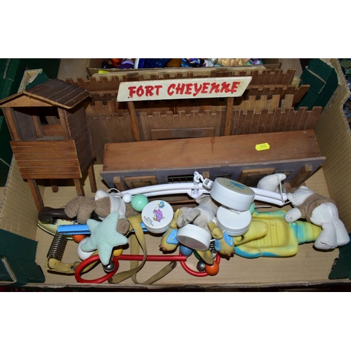 598 - A WOODEN FORT CHEYENNE, playworn condition but appears largely complete, a B.N.D. plastic doll, with... 