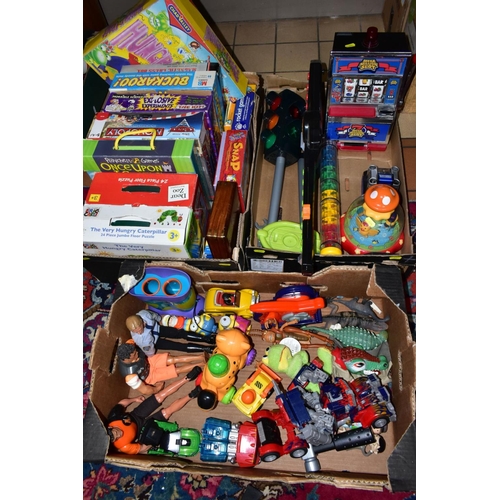 604 - A QUANTITY OF ASSORTED TOYS AND GAMES, to include modern Action Man figures, Transformers, battery o... 