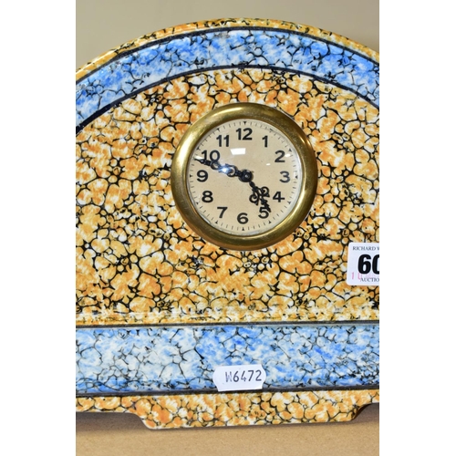 607 - A CONTINENTAL CLOCK GARNITURE, the dome shaped  porcelain clock is branded M.W inside a triangle, ap... 