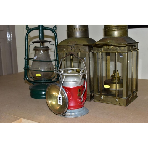 622 - TWO PARAFFIN/OIL STORM LANTERNS, both use 1 inch wicks, approximate height 39cm, together with a vin... 