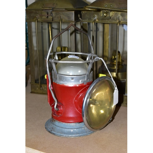 622 - TWO PARAFFIN/OIL STORM LANTERNS, both use 1 inch wicks, approximate height 39cm, together with a vin... 