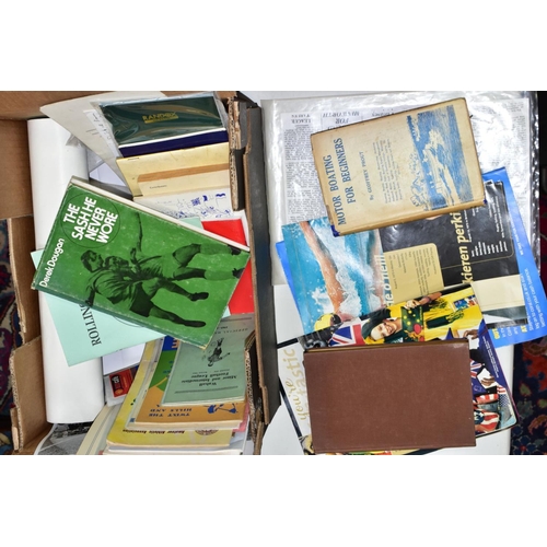 625 - EPHEMERA, three boxes of ephemera, box one includes books, programmes, horse racing passes, Aston Vi... 