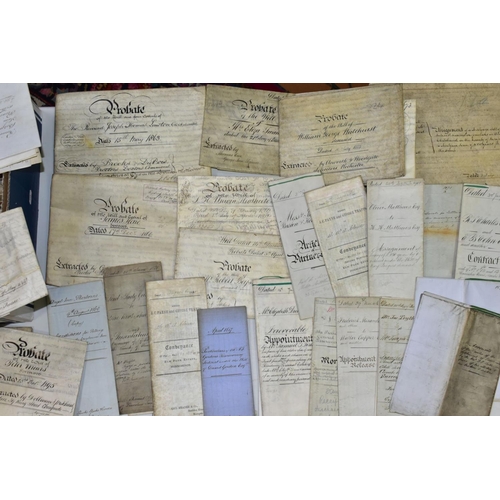 627 - INDENTURES, a large collection of over 120 indentures (conveyance, probate, wills etc) from the earl... 