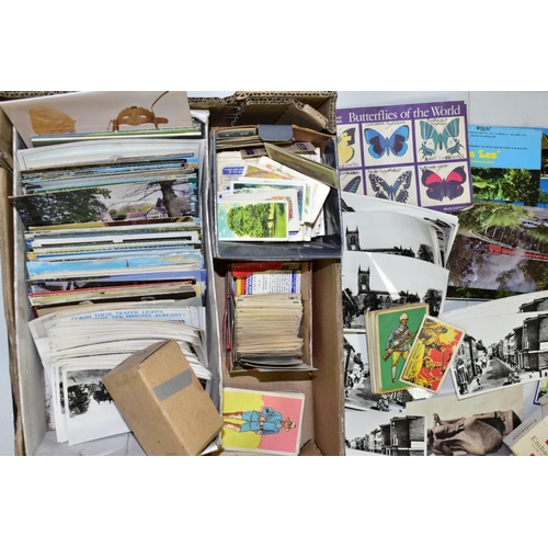 628 - POSTCARDS AND CIGARETTE CARDS, one box of modern postcards, photocards (parish Church, Stone) and ci... 