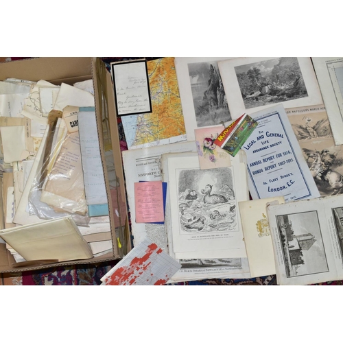 632 - EPHEMERA, THREE BOXES OF PAPER EPHEMERA, to include newspapers/cuttings, maps, indentures, children'... 