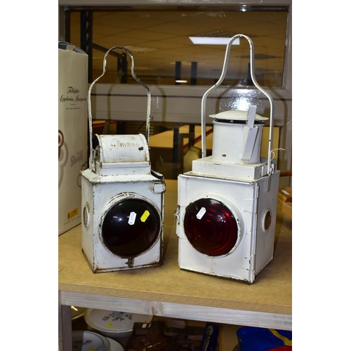 637 - TWO BRITISH RAILWAY TAIL LAMPS, white painted metal bodies with red bullseye lenses, one marked B.R.... 