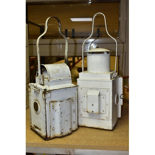 637 - TWO BRITISH RAILWAY TAIL LAMPS, white painted metal bodies with red bullseye lenses, one marked B.R.... 