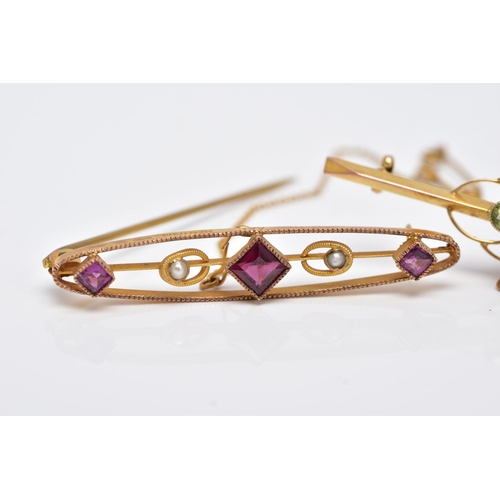 64 - TWO EARLY 20TH CENTURY BAR BROOCHES, a 9ct gold amethyst garnet and seed pearl brooch, hallmarked 9c... 