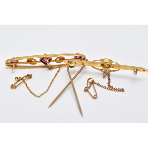 64 - TWO EARLY 20TH CENTURY BAR BROOCHES, a 9ct gold amethyst garnet and seed pearl brooch, hallmarked 9c... 