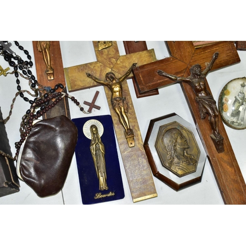 647 - A BOX OF VARIOUS CRUCIFIXES, some metal, mostly resin, mostly wall hangings, tallest height 36cm, to... 